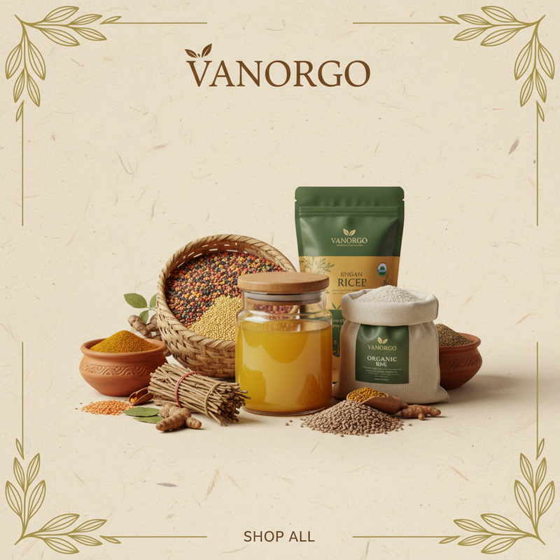 Premium Indian organic food brand promotional tile for VANORGO, centered product cluster with ghee jar and farm food products arranged neatly, warm beige textured background like handmade paper, subtle grain texture, clean studio lighting, soft shadows under products, earthy and natural color palette, minimal decorative border, premium packaging clearly visible, calm and trustworthy mood, ecommerce banner style, square composition, no people, no extra text except small “SHOP ALL” at bottom