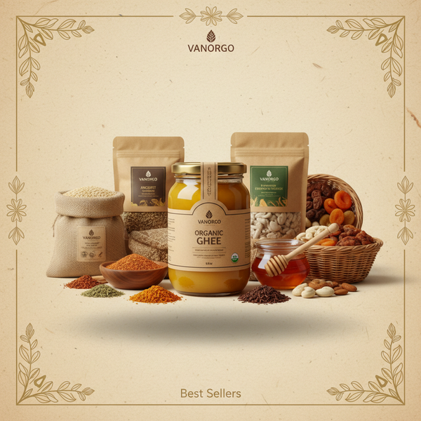 Premium Indian organic food brand promotional tile for VANORGO, centered product cluster with ghee jar and farm food products arranged neatly, warm beige textured background like handmade paper, subtle grain texture, clean studio lighting, soft shadows under products, earthy and natural color palette, minimal decorative border, premium packaging clearly visible, calm and trustworthy mood, ecommerce banner style, square composition, no people, no extra text except small “Best Sellers” at bottom