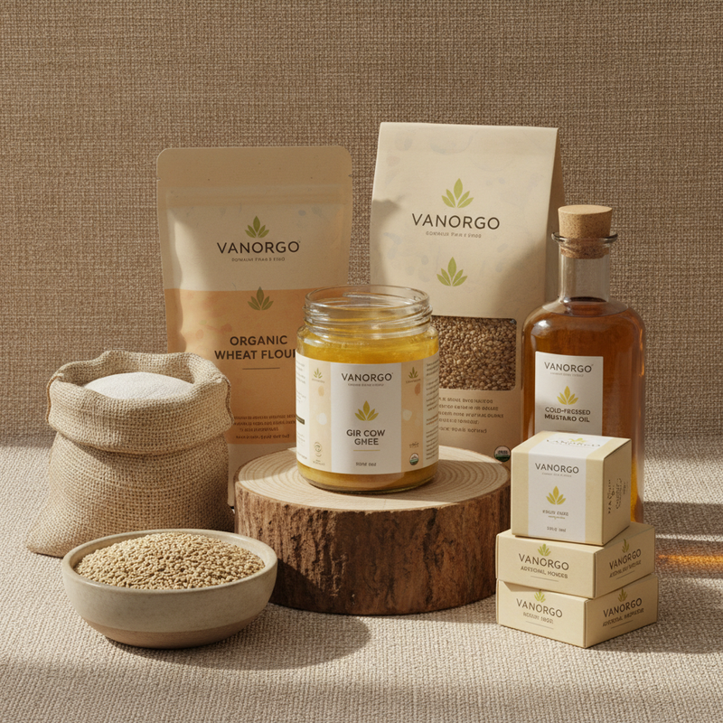 VANORGO premium farm food brand, multiple products displayed together in a compact arrangement, rustic yet clean presentation, warm beige textured background, soft diffused lighting, natural shadows, earthy organic palette, premium packaging visible, minimal design, square format suitable for shop all section, no people, no clutter aspect ratio 1:1, with name VANORGO and then add gir cow shee