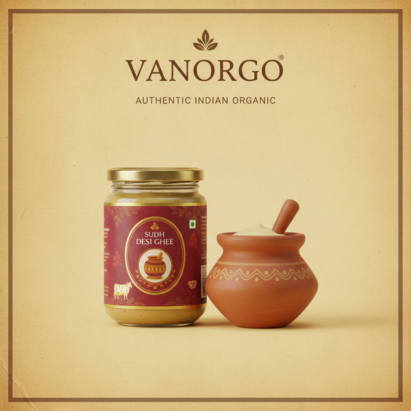 Vintage inspired Indian organic brand tile for VANORGO, product cluster centered on warm yellow-beige textured background, subtle postcard-style border, soft studio lighting, earthy tones, premium packaging, minimal composition, calm and trustworthy feel, square ecommerce image, no modern effects "Sudh Desi Ghee"